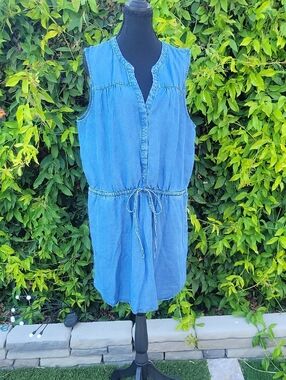 Gap Sleeveless Button Front Cinch Waist Blue Jean Denim dress. Sz XL